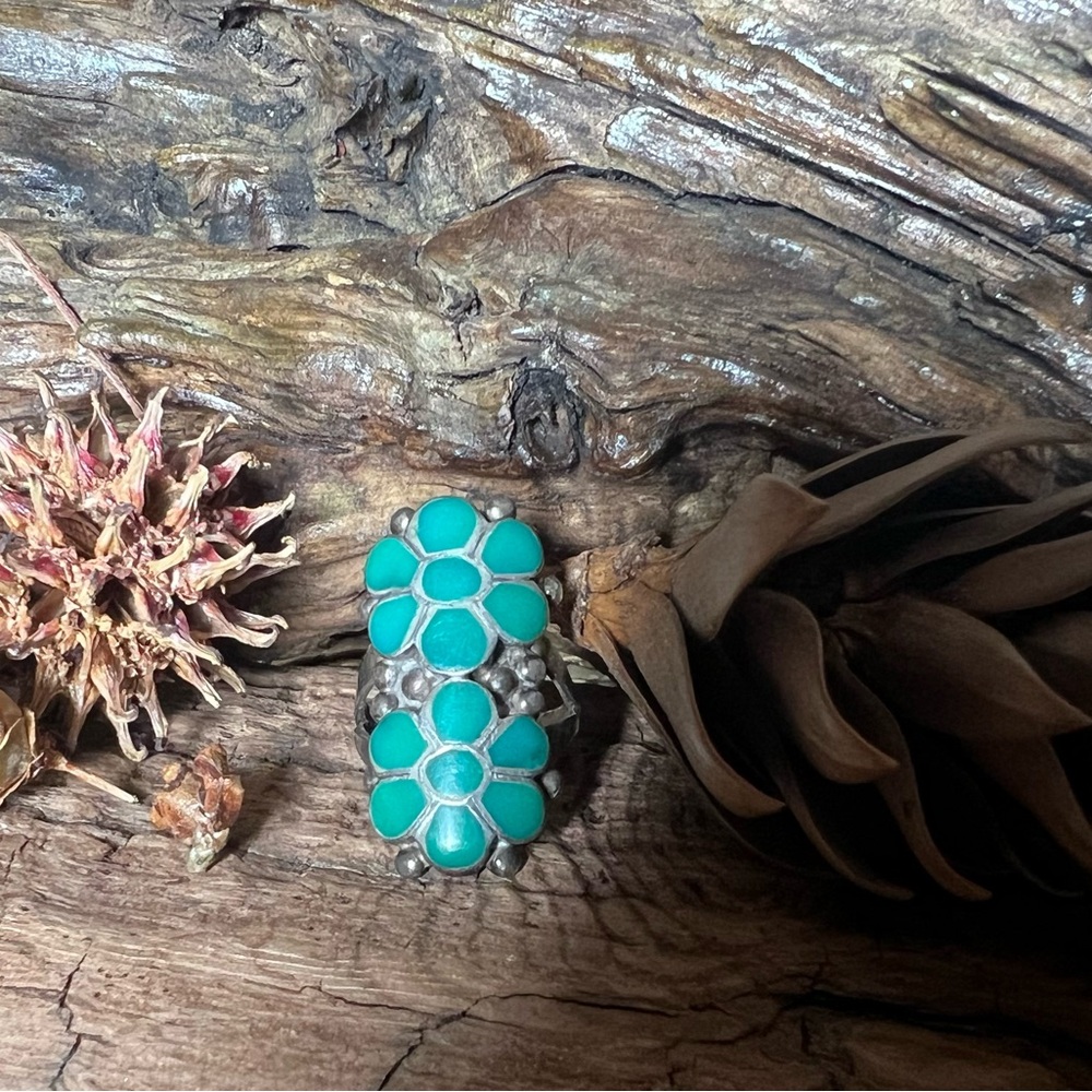 Zuni Dishta Navajo Ring Turquoise Double Flower Native American Sterling Silver